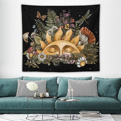 Vintage Sun Tapestry,Boho Hippie Mushroom Starry Floral Forest Plant Tapestries Wall Hanging for Dorm Living Room Bedroom Home Decor(50"x60")
