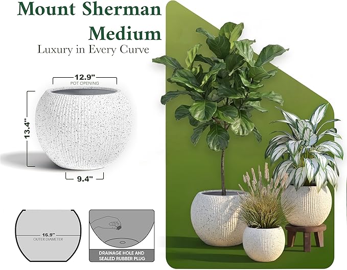 DTY Signature Mount Sherman Modern Indoor Outdoor Fiberstone Sphere Planter, Durable Round Garden Pot, Weather Resistant, Drainage Hole & Rubber Plug (Ribbed White, Small)