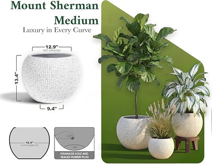 DTY Signature Mount Sherman Modern Indoor Outdoor Fiberstone Sphere Planter, Durable Round Garden Pot, Weather Resistant, Drainage Hole & Rubber Plug (Ribbed White, Medium)