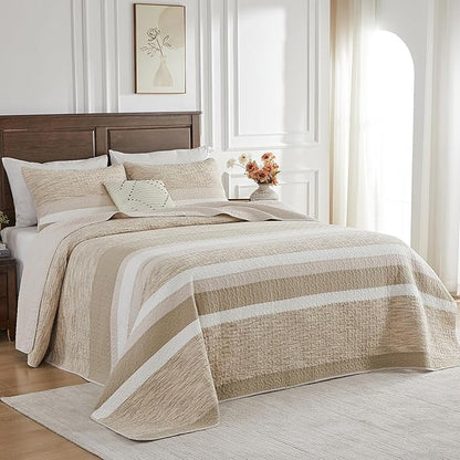 Finlonte 100% Cotton Overized King Bedspread Set, Striped Reversible Lightweight Super Large Quilted Bedspreads Coverlet, 3-Piece, Brown, California King Size