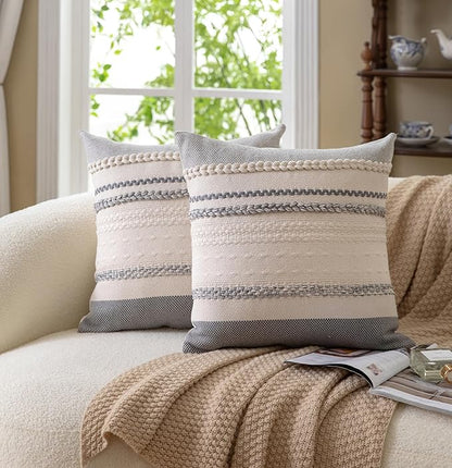 Boho Throw Pillow Covers 18x18 Inch Set of 2, Grey Textured Decorative Couch Pillow Cases for Farmhouse Home Decor, Accent Cushion Cover for Sofa, Bed, Living Room, Bedroom