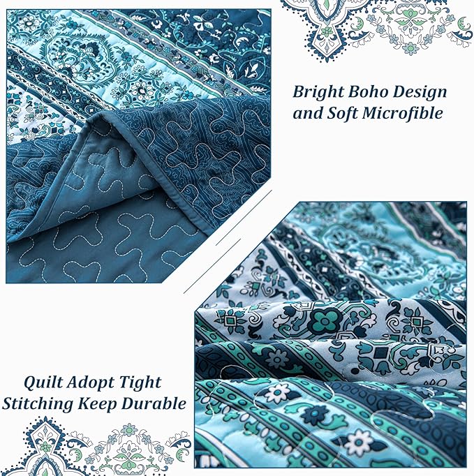 WONGS BEDDING Boho King Quilt Set, Blue Bohemian King Quilt Bedding Set, Lightweight Microfiber Bed Decor Bedspread for All Season 103"x90"(3 Pieces)