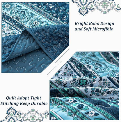 WONGS BEDDING Boho King Quilt Set, Blue Bohemian King Quilt Bedding Set, Lightweight Microfiber Bed Decor Bedspread for All Season 103"x90"(3 Pieces)