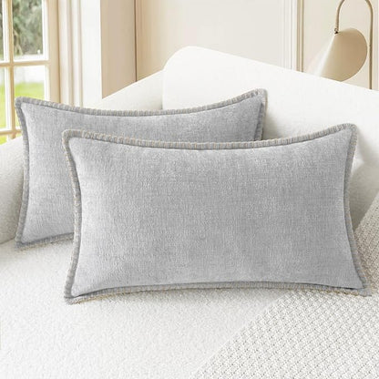 CaliTime Throw Pillow Covers Decorative 12 X 20 Inches Pack of 2 Cotton Thread Stitching Edges Solid Dyed Soft Chenille Cushion Cases for Couch Sofa Bed Living Room Farmhouse Moonbeam Gray