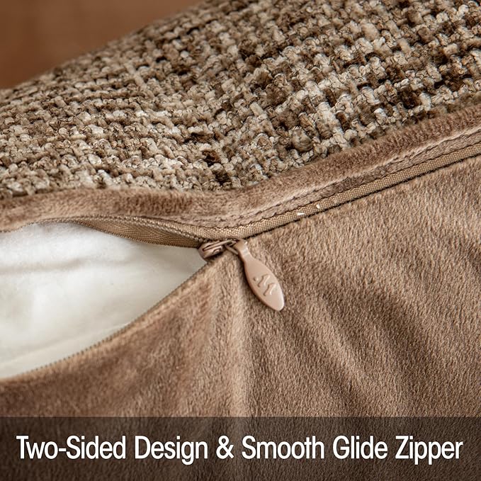a moment Brown Reversible Pillow Covers 2 Pack - Farmhouse Chenille Throw Pillows, Neutral Textured Decorative Throw Pillow Covers with Border for Couch Sofa Bed (20x20 Inch, No Insert)
