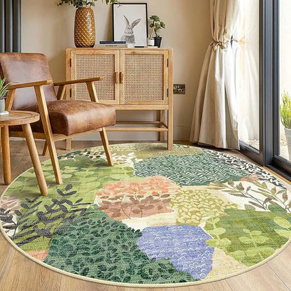DEXDE Round Rug 5ft Washable Circle Area Rugs Non Slip Low Pile Boho Floral Large Circular Carpet for Bedroom Bathroom Entryway Kids Room Office Dining Room,Green