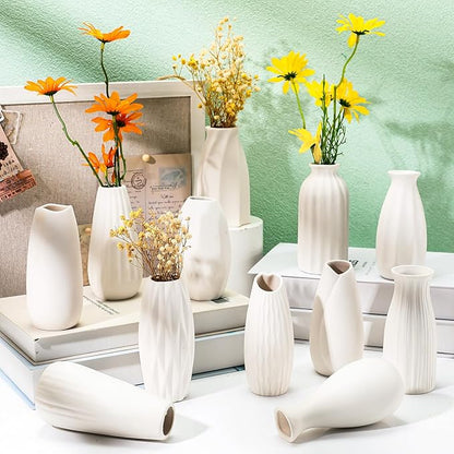 Yaomiao Set of 24 5'' White Ceramic Bud Vase Bulk Boho Rustic Small Flower Vase for Centerpieces for Wedding Home Dining Table Decoration DIY Gift, 12 Styles