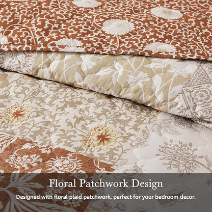CASAAGUSTO Queen Quilt Set - 3 Pieces Patchwork Terracotta Quilt Bedding Set, Lightweight Queen Bedspread Coverlet, Reversible Floral Bed Cover for All Seasons (90"x94", 1 Quilt + 2 Pillow Shams)