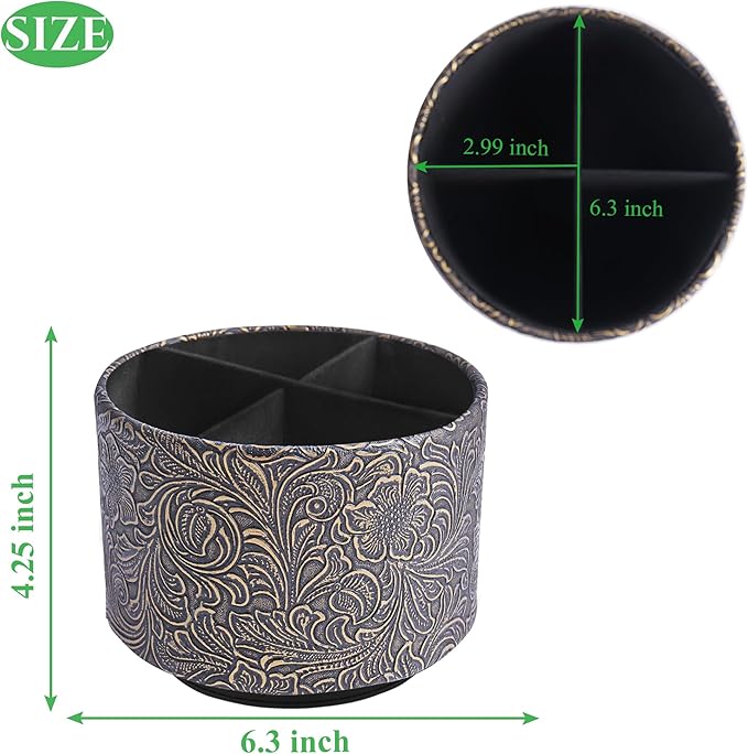 lizimandu Round Leather Art Supply Organizer,Remote Control Holder,360 Degree Spinning,Multi-Functional Pencil Holder,4 Compartments Desktop Stationary Organizer(1-Carved Cooper Gold)