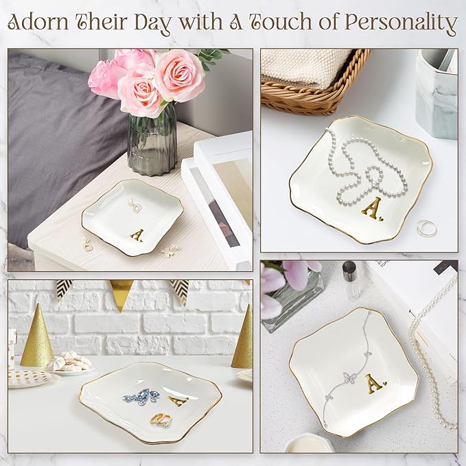 OASSIE Valentines Day Gifts for Her - 4"x4" Initials Ceramic Jewelry Dish Tray Letter A - Engagement Wedding Bridal Shower Gifts for Bride, Bridesmaid Gift, Birthday Gift for Women Teacher Friend