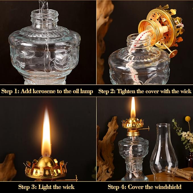 6 Pcs Oil Lamp Vintage Glass Kerosene Lamp for Indoor Use Rustic Decorative Glass Hurricane Lantern with Wick for Home Tabletop Decor Emergency Lighting, 6 Style(Gold)