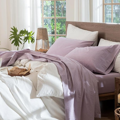MooMee Bedding Sheet Set 100% Washed Cotton Linen Like Textured Breathable Durable Soft Comfy (Heathered Light Purple, Twin)