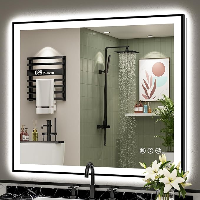 40x38 Black Framed LED Bathroom Mirror with Lights, Backlit & Front Lit, Anti-Fog Lighted Vanity Mirrors for Bathroom Wall, Dimmable, 3 Colors, Memory, Shatter-Proof, Tempered Glass, CRI＞90
