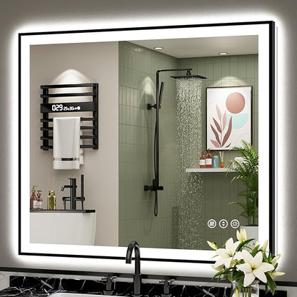 40x38 Black Framed LED Bathroom Mirror with Lights, Backlit & Front Lit, Anti-Fog Lighted Vanity Mirrors for Bathroom Wall, Dimmable, 3 Colors, Memory, Shatter-Proof, Tempered Glass, CRI＞90