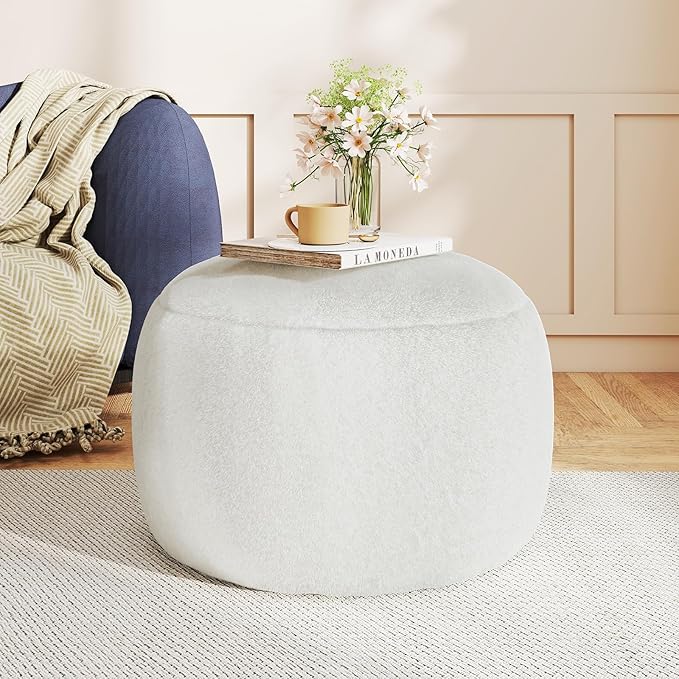 Round Stuffed Pouf Ottoman for Foot Rest, A Round Modern Foam Filled Poufs, Floor Chair for Living Room, Nursery, Dorm,Outdoor, A Soft Modern Foot Stool Perfect to Rest Your Feet (White, 20Inch)
