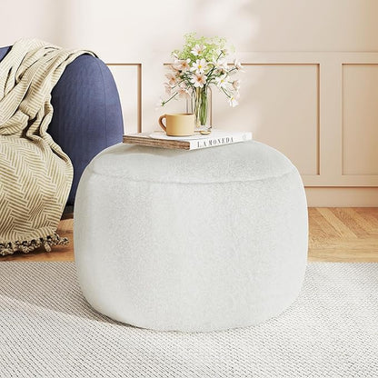 Round Stuffed Pouf Ottoman for Foot Rest, A Round Modern Foam Filled Poufs, Floor Chair for Living Room, Nursery, Dorm,Outdoor, A Soft Modern Foot Stool Perfect to Rest Your Feet (White, 20Inch)