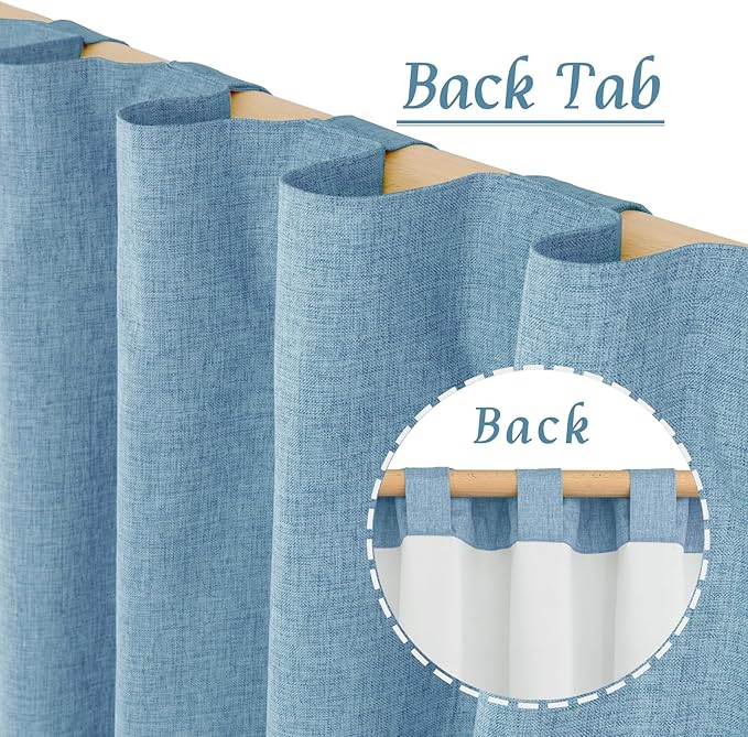 LAMIT Linen 100% Blackout Window Curtains for Bedroom, 45 Inches Linen Textured Thermal Farmhouse Curtains Back Tab and Rod Pocket Window Panels with White Liner, 2 Panels, 38 x 45 Inch, Blue