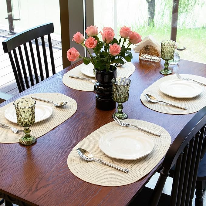 Noctiflorous Oval Braided Placemats Set of 6 Woven 12x18 Inch Non Slip Washable Heat Resistant Place Mats Round Tablemats for Dining Kitchen Party Daily Table Decor Dinner Mats (Solid Beige White, 6)