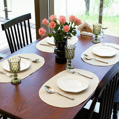 Noctiflorous Oval Braided Placemats Set of 6 Woven 12x18 Inch Non Slip Washable Heat Resistant Place Mats Round Tablemats for Dining Kitchen Party Daily Table Decor Dinner Mats (Solid Beige White, 6)