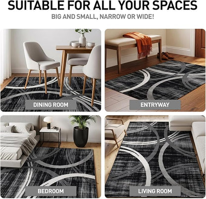 Rugshop Modern Wavy Circles Design Area Rug, Carpet with Jute Backing for Living Room, Dining Room, or Office, Black, 7'10" x 10'2"