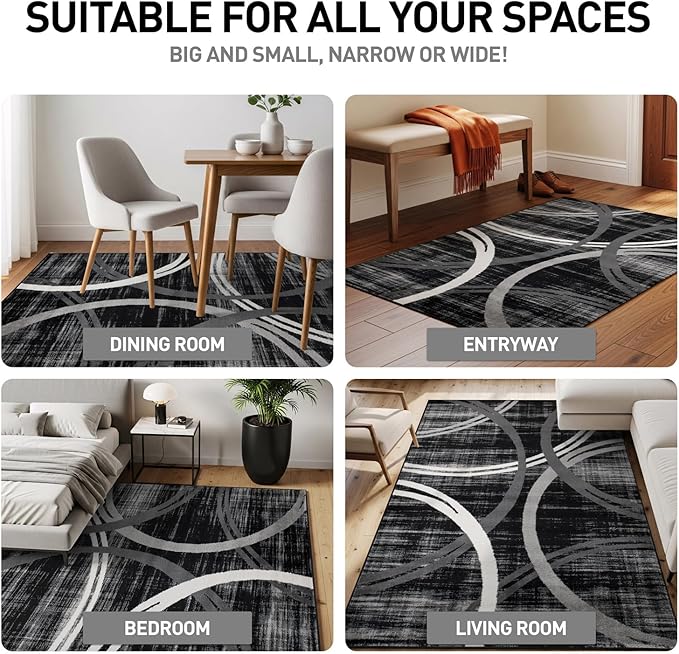Rugshop Modern Wavy Circles Design Area Rug, Fade-Resistant Carpet for Living Room, Bedroom, or Dining Room, Black, 6'6" x 9'