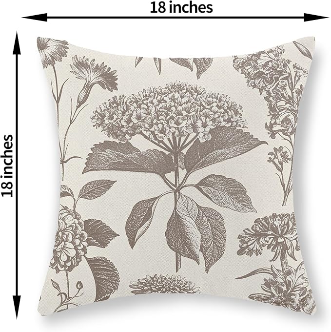 Tan Khaki Pillow Covers 18x18 Set of 2 Vintage Boho Floral Hydrangea Herbs Botanical Throw Pillow Cover Outdoor Flower Decorative Pillowcase Linen Farmhouse Cushion Case Decor for Couch Sofa
