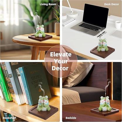 Lionpower Incense Holder for Sticks with Burner & Ash Catcher - Resin Frog, Wooden Tray, 10 Incense Sticks for Meditation Yoga Spa, Cute Home Decor Room Accessories (Frog)