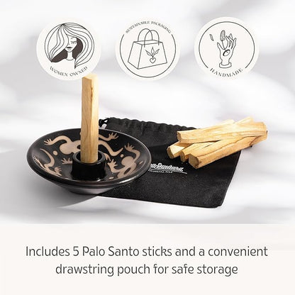 Luna Sundara Authentic Peru Pottery Palo Santo Stick Holder and Incense Holder with 5 Palo Santo Sticks Handmade Ceramic Smudge Bowl Sage Holder Black and White Lizard Gift Set