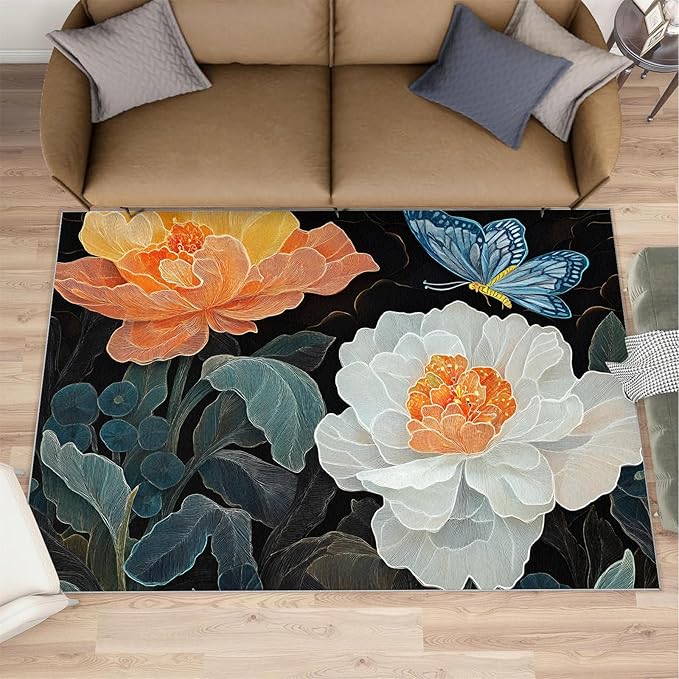 Flowers 6x9 Area Rugs for Living Room Classic Petals Washable Rug Orange-Yellow Flowers Rug Non Slip Low Pile Soft Area Rugs for Bedroom Bedside Dining Room Kids