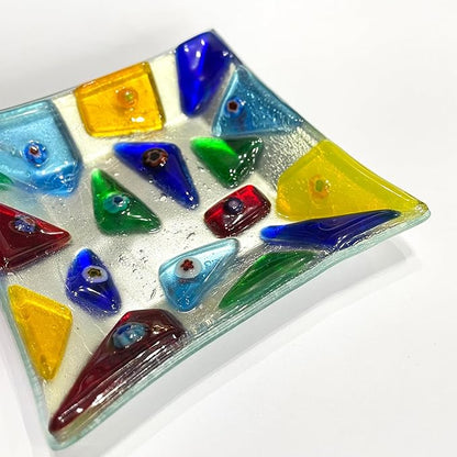LADY&HOME Glass Decorative Jewelry Tray,Fused Art Glass Silver Foil Trinket Dish for Earrings,Necklace,Keys,Birthday Mother's Day Christmas Gifts for Women (Triangle)
