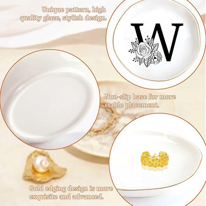 JoycuFF Initial W Ceramic Jewelry Tray, Bridesmaid Bride Gifts, Mothers Day Christmas Anniversary Engagement Birthday Gifts for Women Couples, Trinket Dish for Rings Earrings Necklaces Bracelets Keys