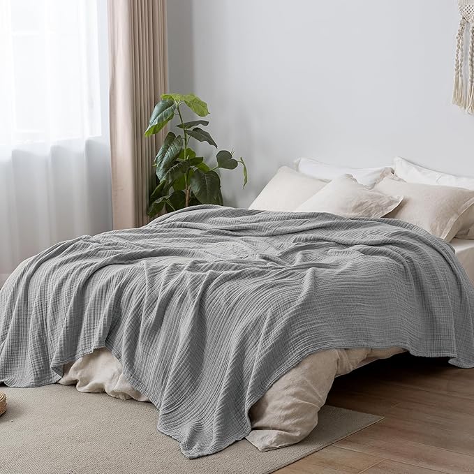 PHF 100% Cotton Muslin Blanket King Size 108"x90", 4-Layer Lightweight Gauze Throw, Breathable Cloud-Soft Minimalist Blanket for Bed, Couch, Camping & Baby, Grey, Ideal Gift