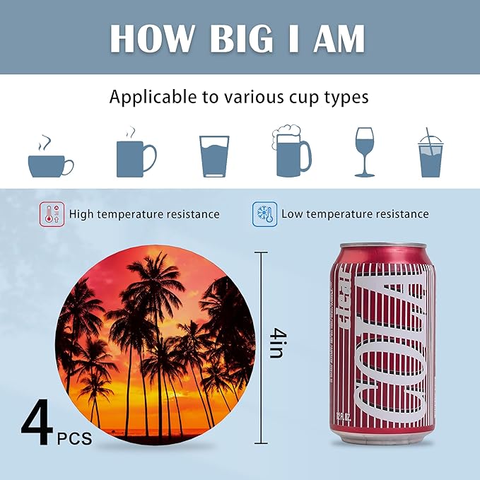 Coasters for Drinks, Set of 4 Absorbent Ceramic Coasters, Tropical Sunset Palm, Round, 4 Inches