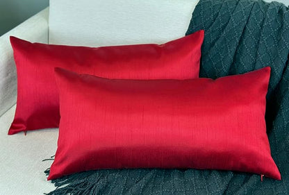 Aiking Home 12x24 Inches Faux Silk Rectangular Throw Pillow Cover, Zipper Closure, Red (Set of 2)