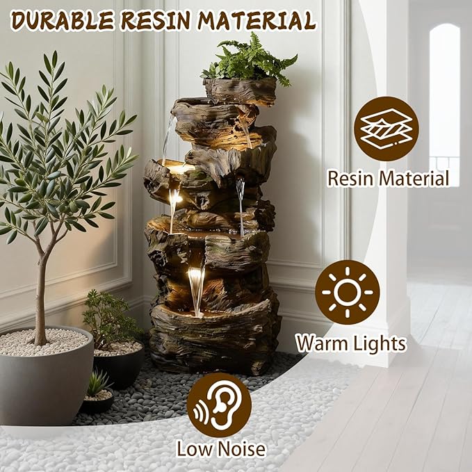 40" H Outdoor Water Fountain with 5 Tiers Large Cascading Realistic Tree Trunk Waterfall Fountains with LED Lights Outdoor Water Fountain for Garden Patio Backyard Porch Home Decor