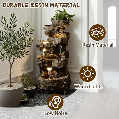 40" H Outdoor Water Fountain with 5 Tiers Large Cascading Realistic Tree Trunk Waterfall Fountains with LED Lights Outdoor Water Fountain for Garden Patio Backyard Porch Home Decor