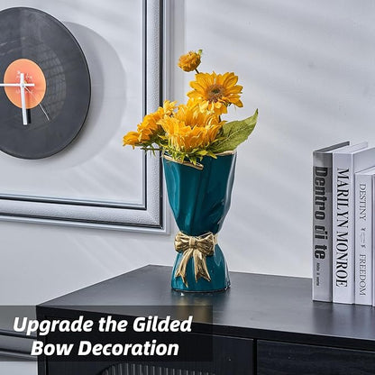 Bow Vase for Home Decor, Gold Vase for Boho Style, 9.65 Inch Large Vases for Ideal Table Decor, Living Room. Ceramic Flower Vases. （Glazed Exterior and Interior） (Green, Large)