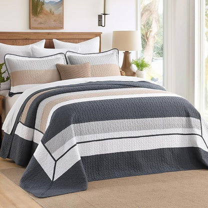 SahSahCasa 128"x120" 100% Cotton Oversized California King Bedspread Coverlet Striped Quilt Set, Cal King Quilted Bedspread Extra Large Quilt, XL Bed Spread Lightweight Comforter, Dark Slate Gray
