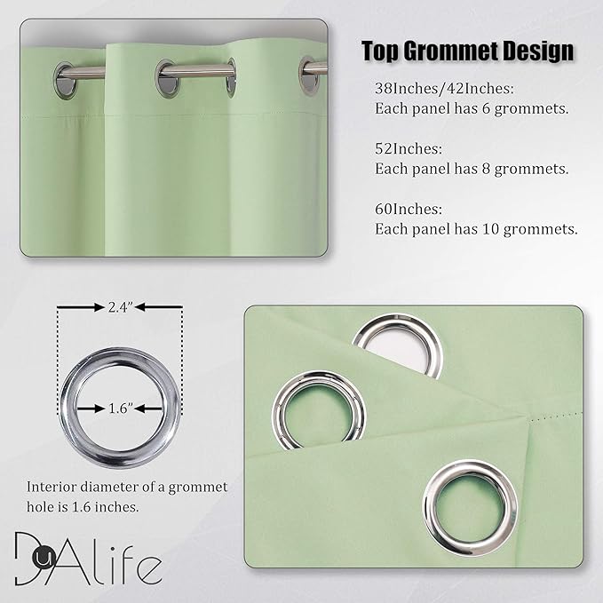 DUALIFE Light Green Blackout Curtain Panels/Drapes for Living Room 84 inch Length Solid Energy Efficient Room Darkening Bedroom Curtains Thermal Insulated Grommet Top 52x84 inch Set of 2 Panels