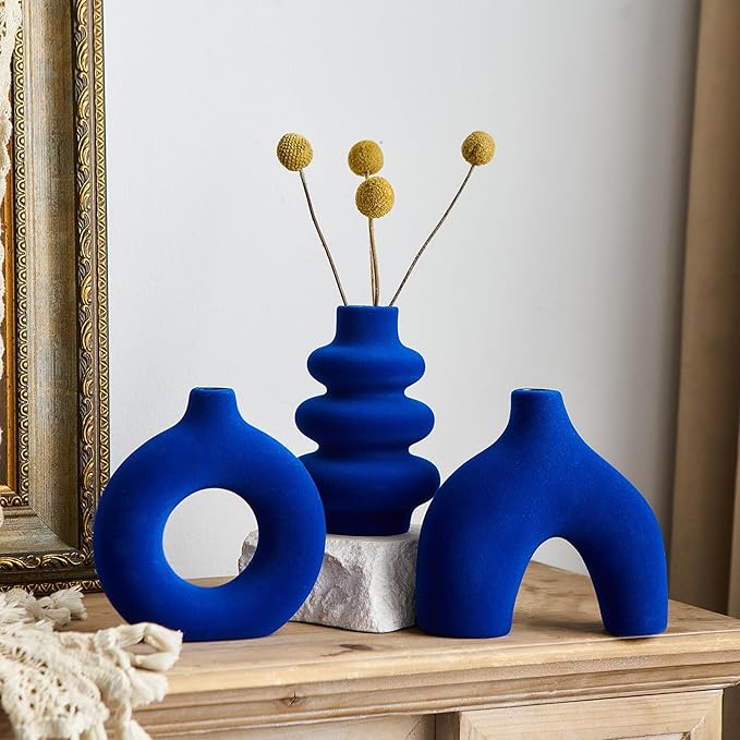 Ceramic Navy Blue Vase Set of 3, Small Flower Vases for Pampas Grass, Modern Boho Vase for Decor, Flocked Navy Blue Round Vases Centerpieces for Wedding Living Room Bedroom Coffee Table Entryway Table