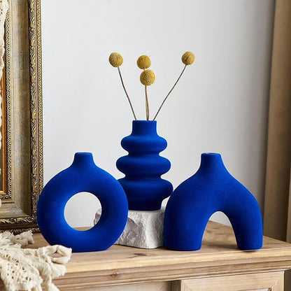 Ceramic Navy Blue Vase Set of 3, Small Flower Vases for Pampas Grass, Modern Boho Vase for Decor, Flocked Navy Blue Round Vases Centerpieces for Wedding Living Room Bedroom Coffee Table Entryway Table