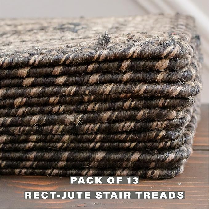 Homespice Flint Hill Jute Braided Stair Tread, Warm Primitive Decor, Set of 13, Grey 8x28 Rectangle Rugs for Stairs - Easy to Clean, Tightly Stitched and Durable
