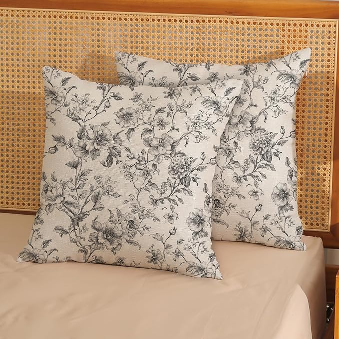 Black and Cream Pillow Covers 20x20 Set of 2 Vintage Floral Chinoiserie Throw Pillows Rustic Toile Flower Decorative Pillow Cases Outdoor Chinoiserie Decor Linen Cushion Case for Couch Sofa