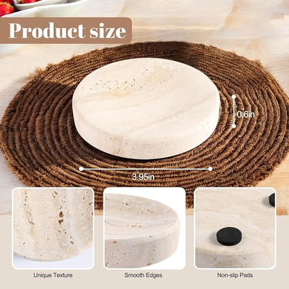Koville Small Travertine Jewelry Dish, 4" Round Trinket Dish for Ring Necklace Earring, Beige Travertine Soap Dish for Bathroom Kitchen, Natural Stone Small Decorative Dish