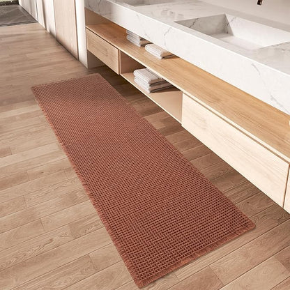 Upgraded Waffle Runner Rug Super Absorbent Non Slip Bath Mats for Bathroom Machine Washable Bathroom Runner Rug with Tassels, Ideal for Hallway Bedroom Laundry Room, Dirty Orange, 2'x 4'(24" x 48")