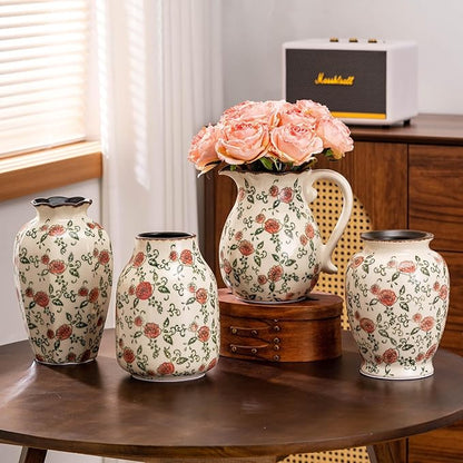 Green and Beige Vintage Round Vase, Red Rose Chinoiserie Floral Vase, Antique Decorative Ceramic Flower Vases for Bouquet, Home Decor, Living Room, Bookshelf, Office, Cottage Core Home Decor 8 Inch