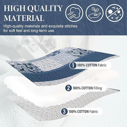 SahSahCasa 100% Cotton 128"x120" Oversized California King Bedspread Coverlet Quilt Set, Cal King Plaid Paisley Floral Extra Large Reversible XL Bed Spread Lightweight Comforter, Blue/White/Gray