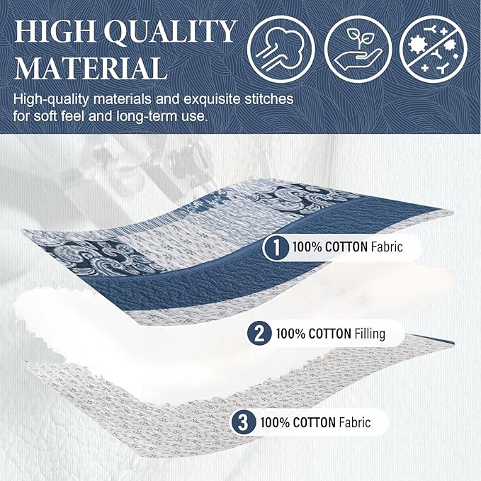 SahSahCasa 100% Cotton 120"x120" Oversized California King Bedspread Coverlet Quilt Set, Cal King Plaid Paisley Floral Extra Large Reversible XL Bed Spread Lightweight Comforter, Blue/White/Gray