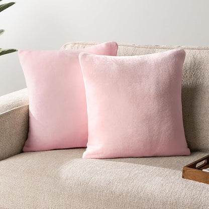 PAVILIA Light Pink Throw Pillow Covers 18x18 Set of 2, Decorative Pillow Cases for Bed Sofa Couch, Boho Aesthetic Accent Decor Cushion Bedroom Living Room, Velvet Square Euro Sham Covers, Blush Pink