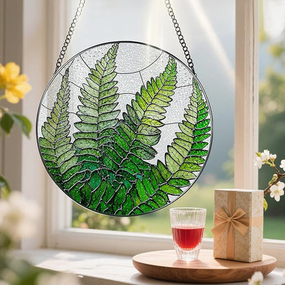 8-Inch Stained Glass Ornament, Stained Glass Window Hanging, Window Hanging Decor Suncatcher, Fern Plant Ornament | Christmas, Mother's Day, Birthday | Gifts for Mom, Grandma Gifts, Plant Lover Gift